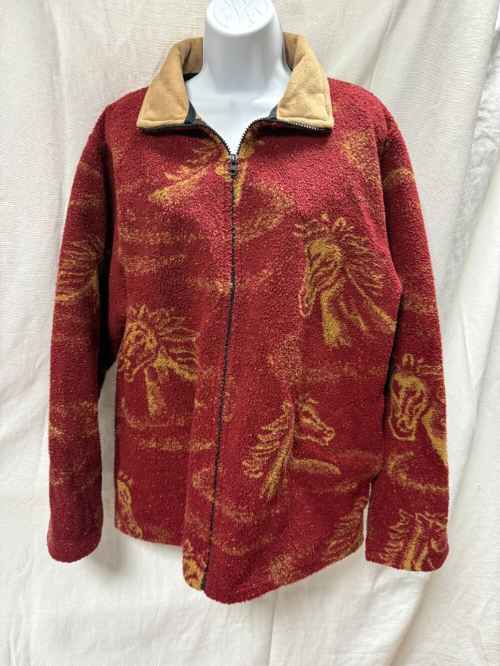 Vtg Bear Ridge Outfitters Women's  2X Red Fleece Western  Gold Horse Zip  Jacket